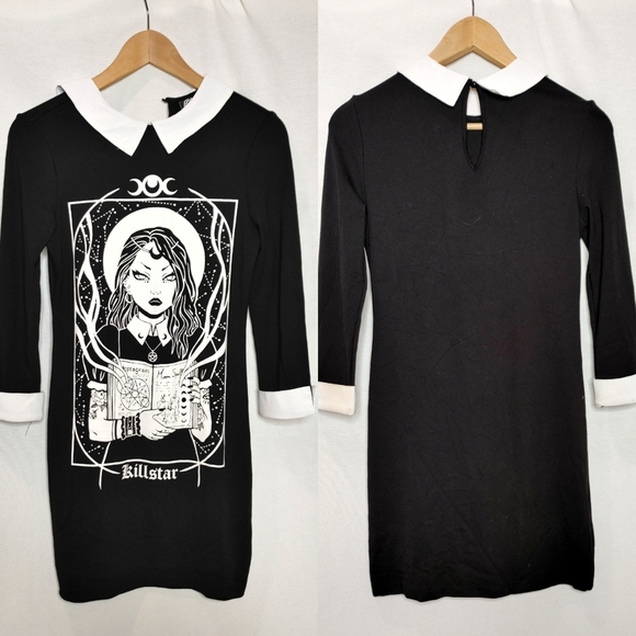 Killstar Dresses & Skirts - Killstar Moonspell Collar Dress Mini Black White Contrast Long Sleeve Goth Small